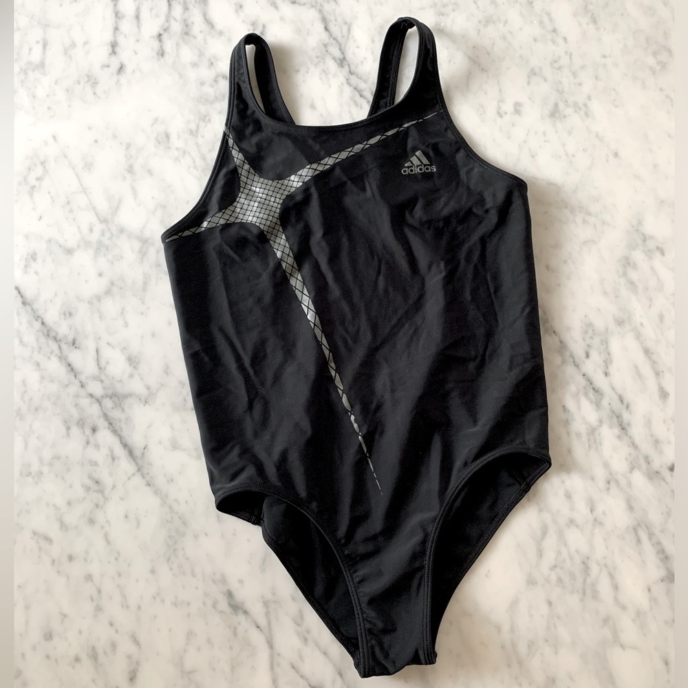 Adidas black one piece bathing suit with silver design key hole back size 34